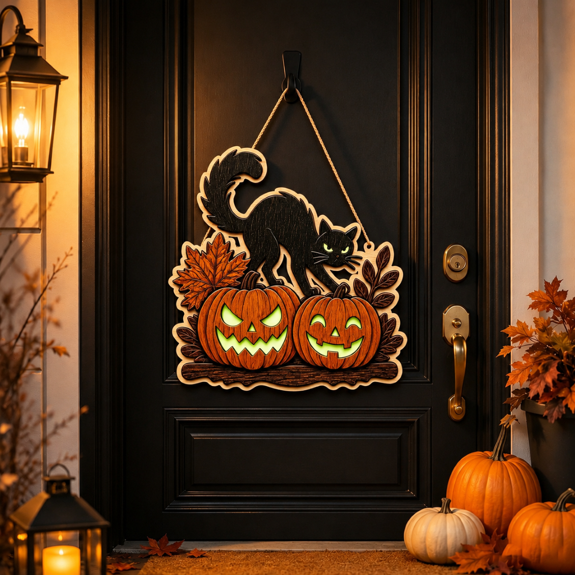 Wooden Halloween Hanging Decor Black Cat Skull Pumpkin Light Up Sign