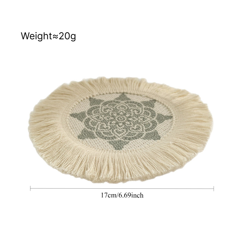 Boho Pattern Round Decorative Drink Coaster Set with Tassels