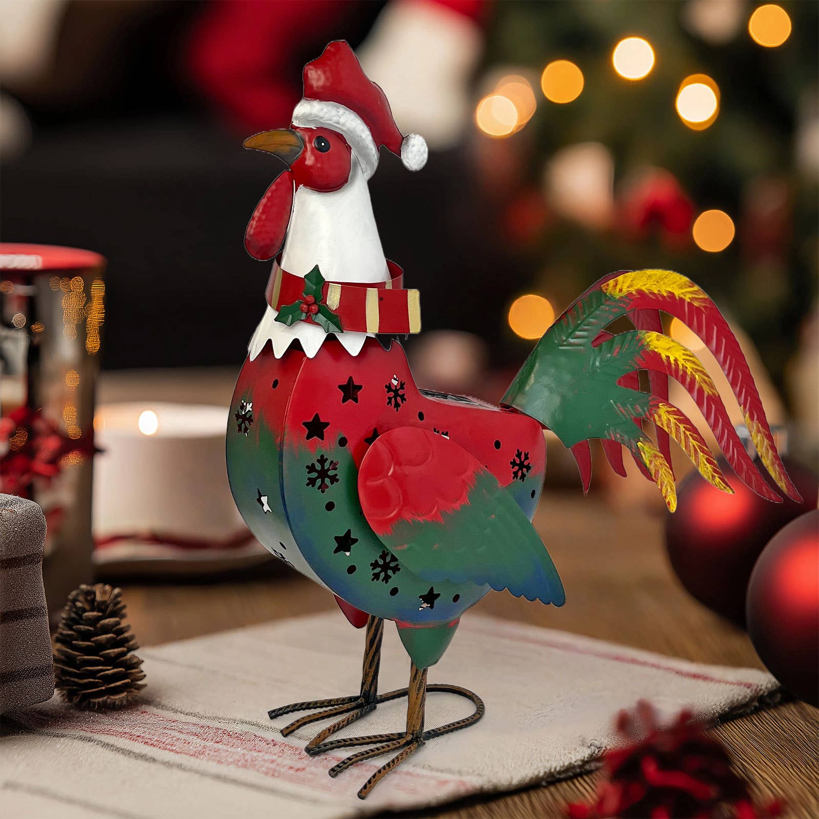 Christmas Solar Rooster Statue for Garden Holiday Decor