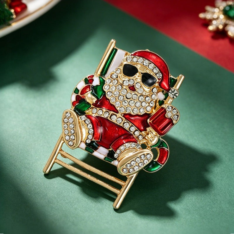 Santa Beach Chair Rhinestone Brooch Christmas Holiday Pin