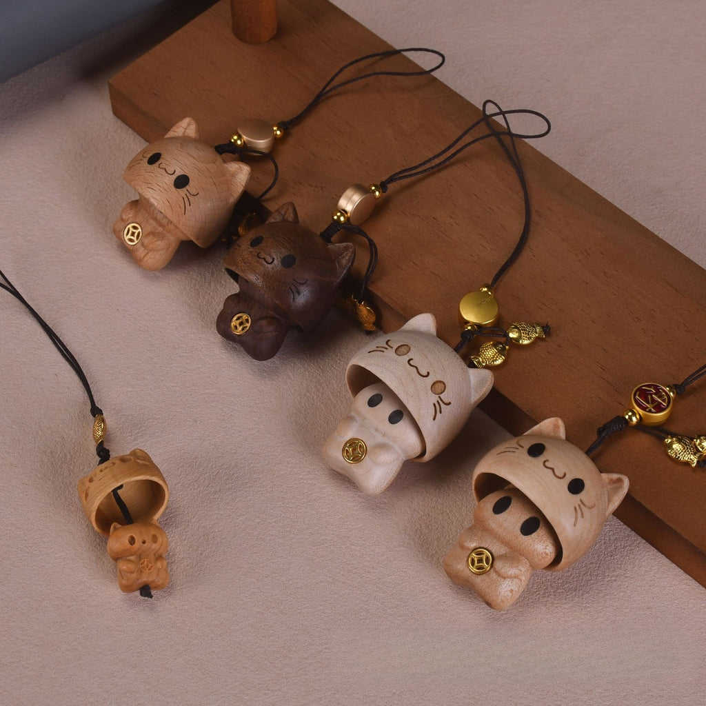 Wooden Cat Phone Charm Keychain Cute Animal Pendant