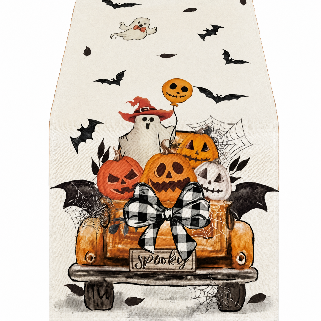 Halloween Linen Look Table Runner Festive Pumpkin Decor