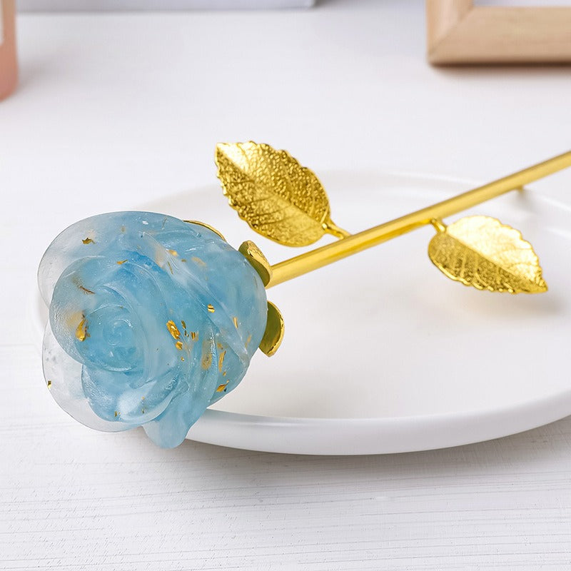 Resin Crystal Stone Flower Stem Decor with Metal Leaves