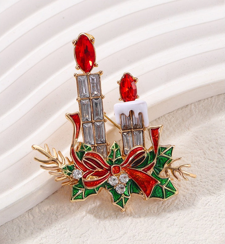 Christmas Snowman Candle Enamel Brooch Pin Holiday Jewelry
