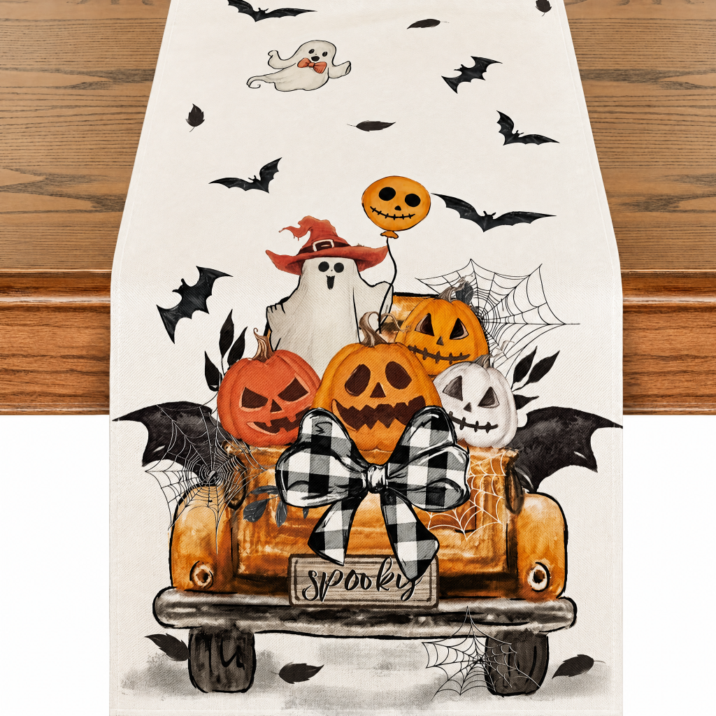 Halloween Linen Look Table Runner Festive Pumpkin Decor