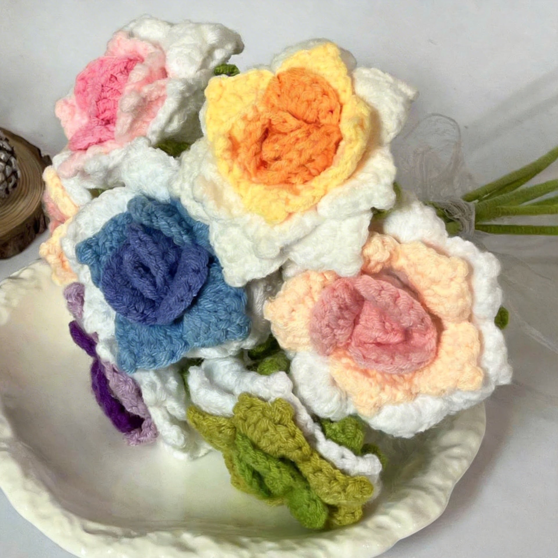 Handmade Crochet Rose Flower Decor Gift Knitted Bouquet