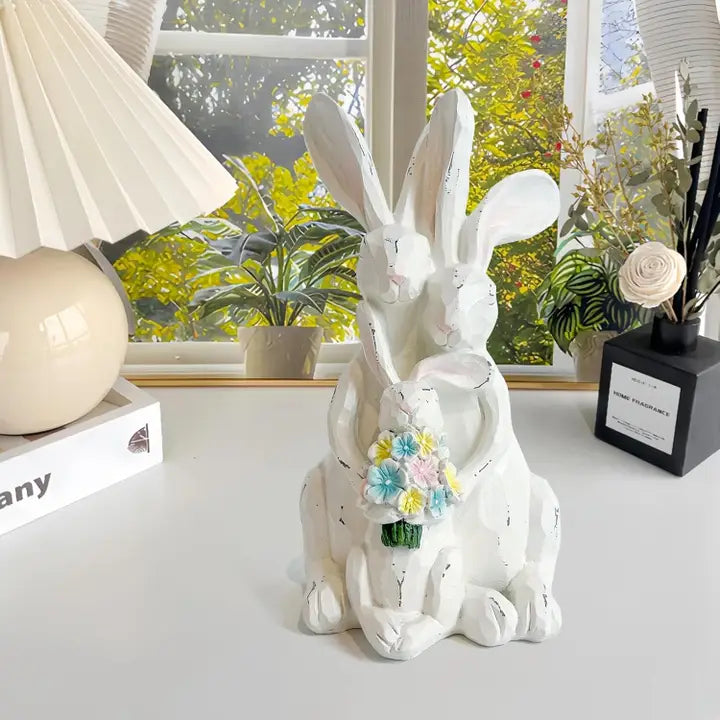 White Resin Easter Bunny Family Figurine for Home Decor