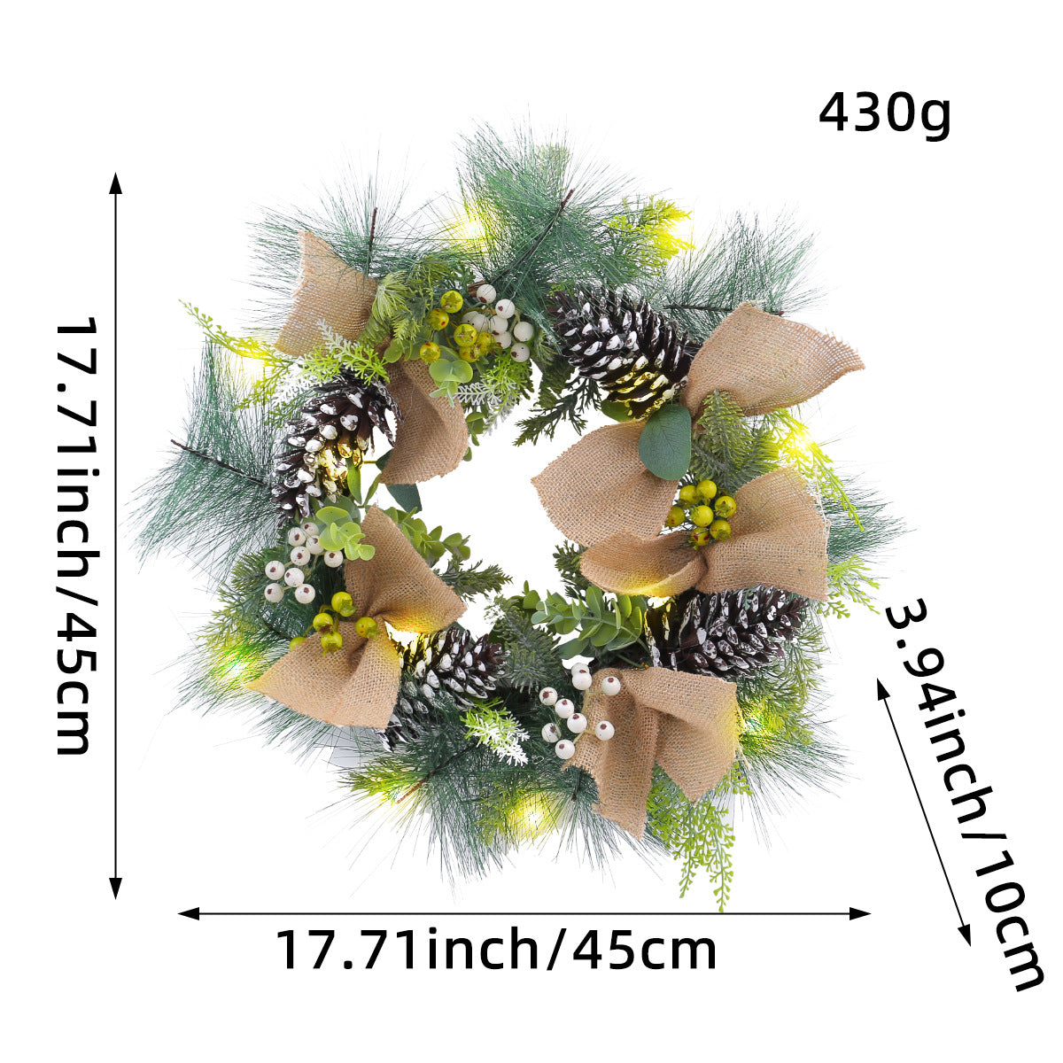 Christmas Wreath with Red Bow and Ornaments Door Decor