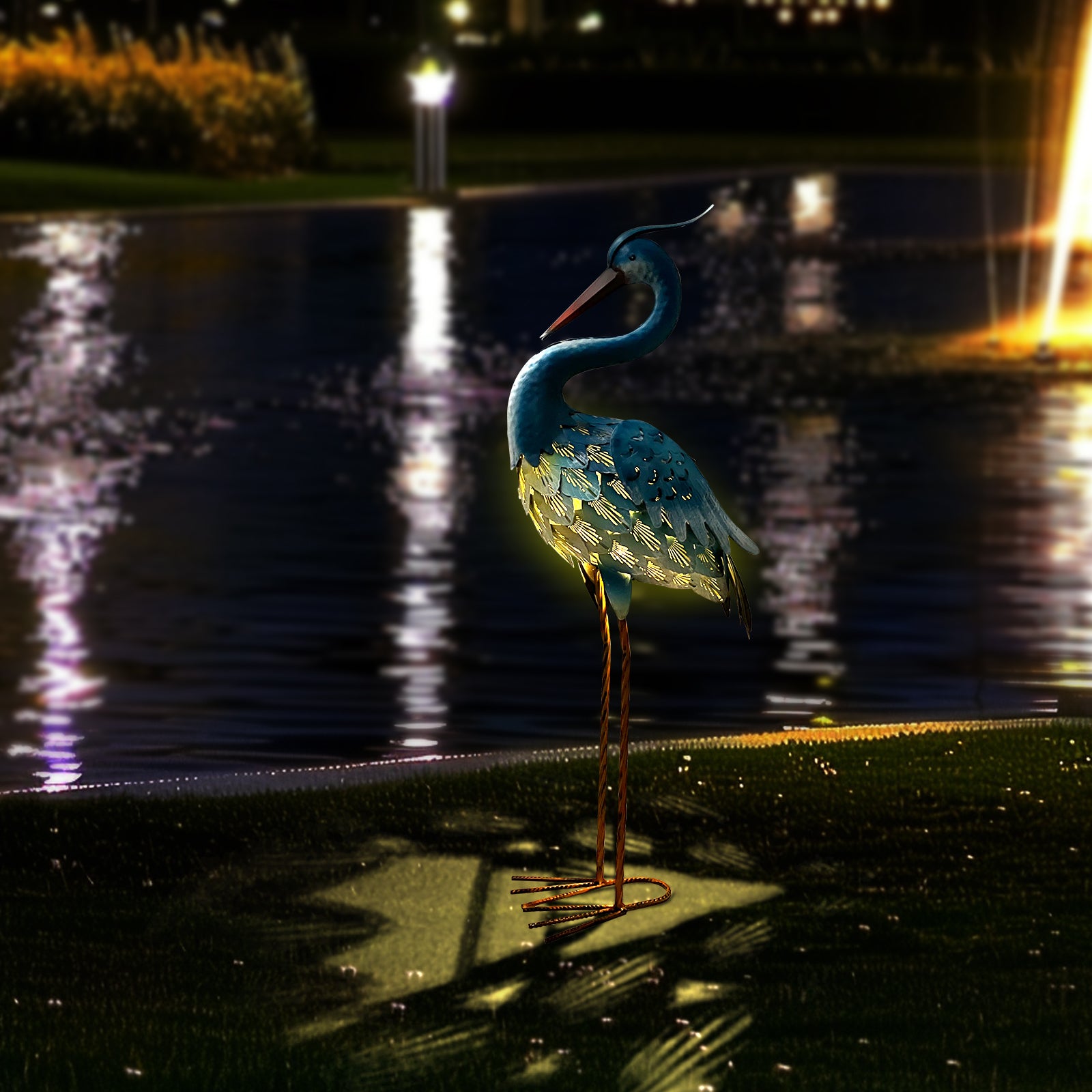 Solar Powered Heron Statue 30 Inch Garden Decor Outdoor LED
