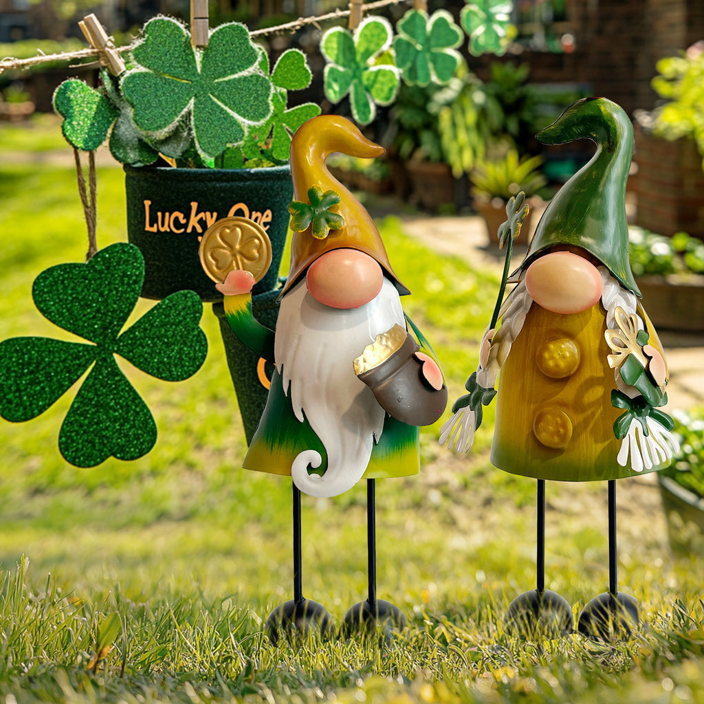 St Patrick Day Metal Gnome Statue Set of 2 Outdoor Yard Decor