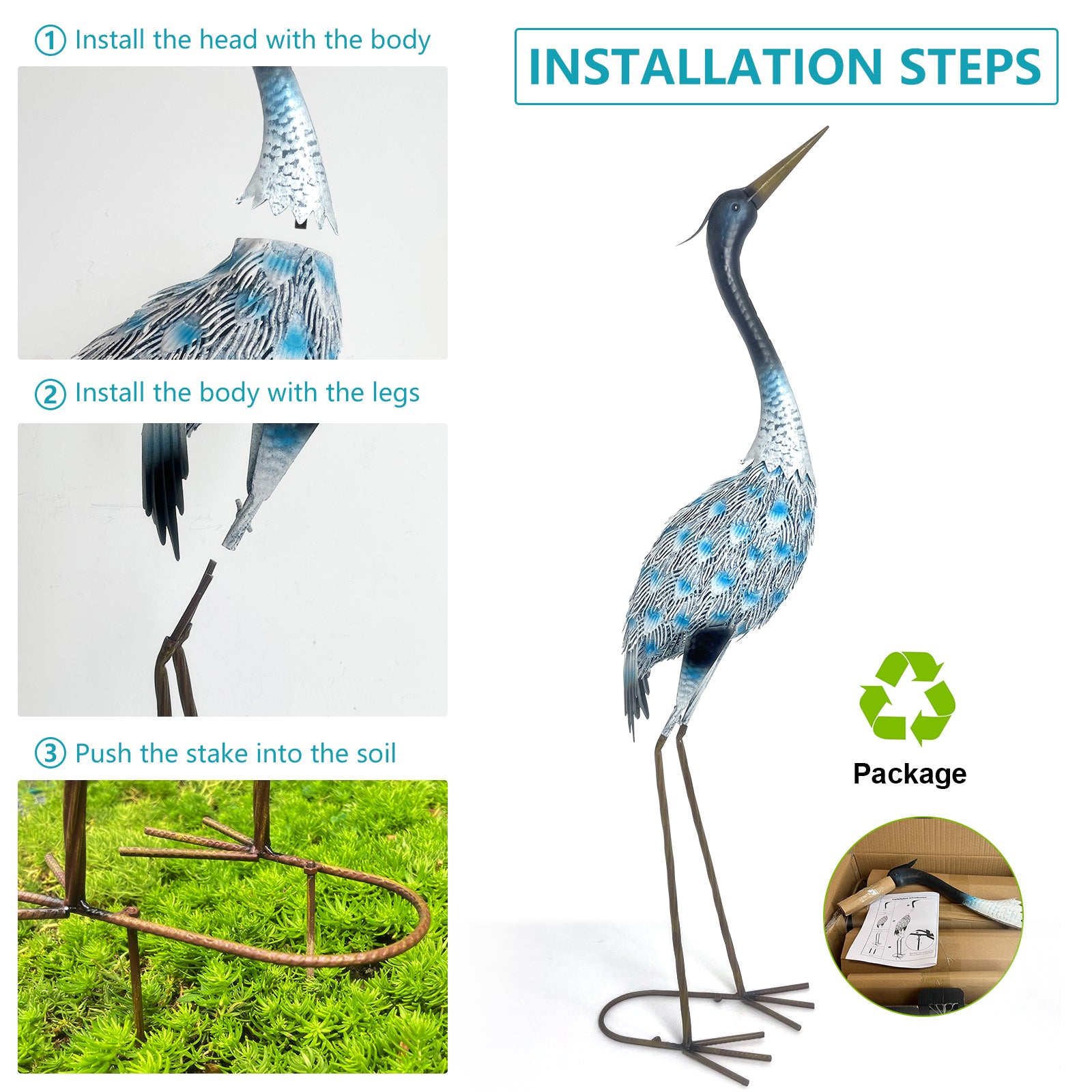 Blue Metal Crane Garden Statues Set of 2 Outdoor Decor 42in