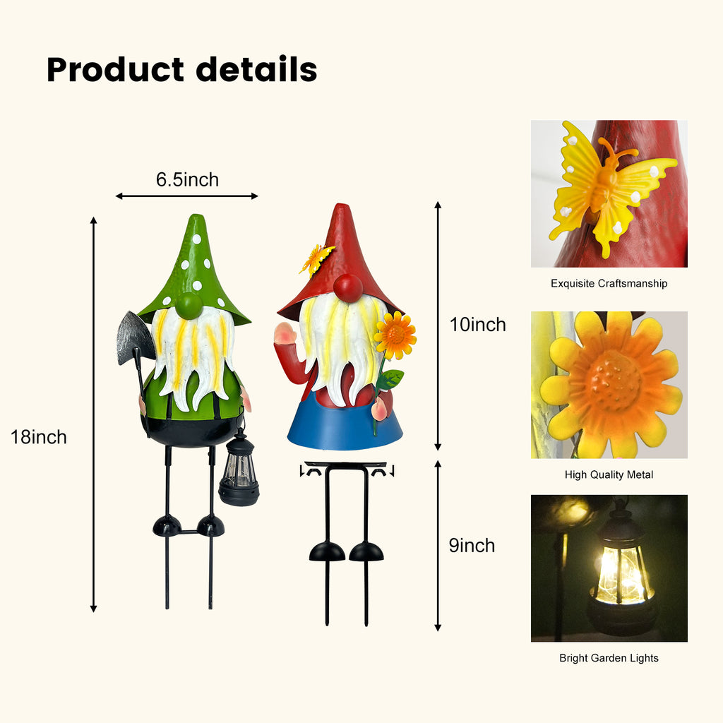 Solar Metal Garden Gnome Statue Set of 2 Outdoor Yard Decor