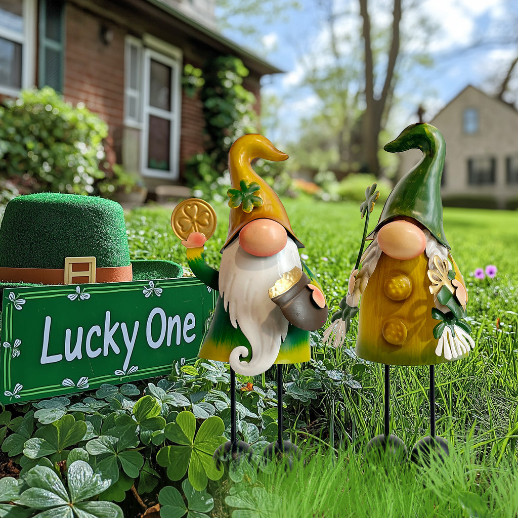 St Patrick Day Metal Gnome Statue Set of 2 Outdoor Yard Decor