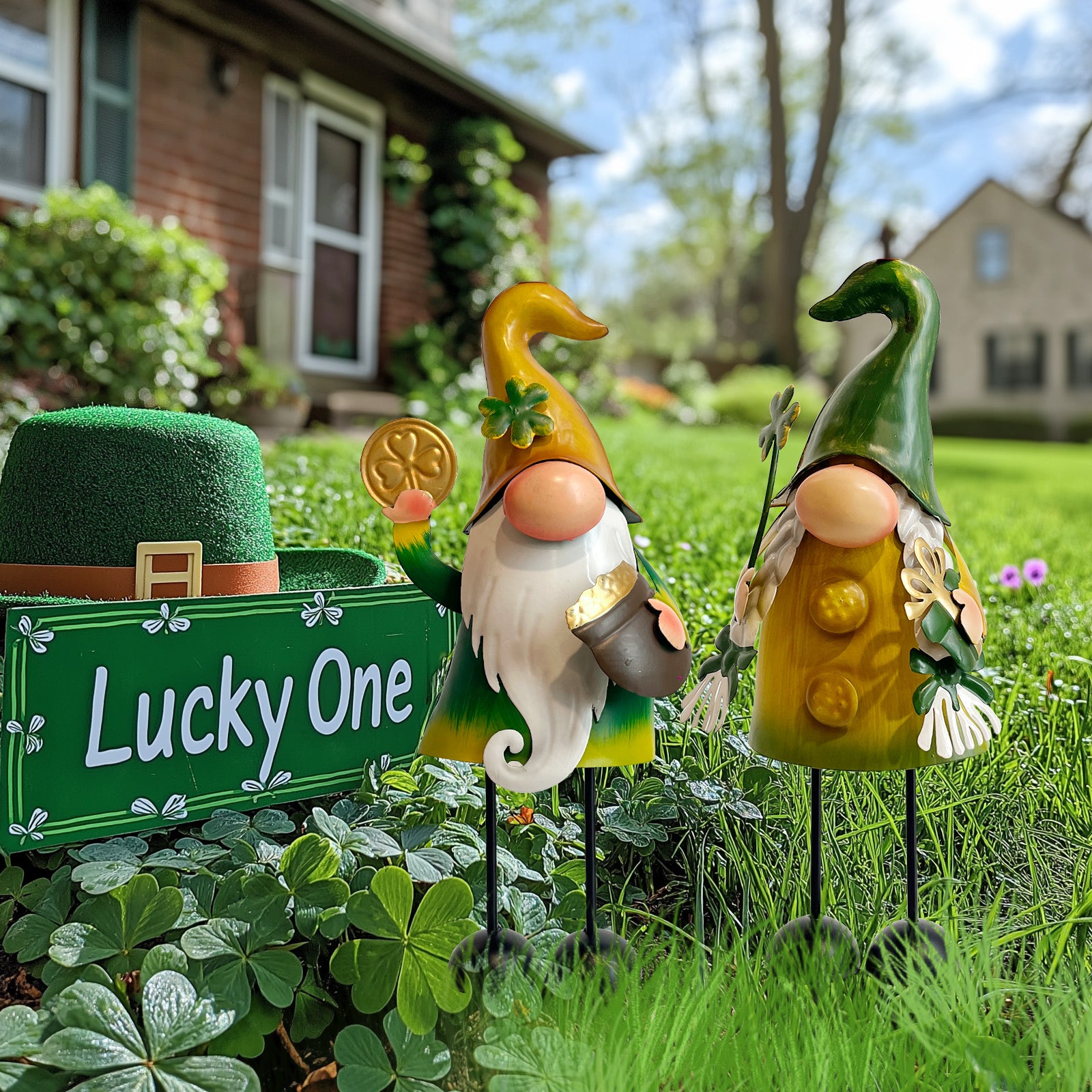 St Patrick Day Metal Gnome Statue Set of 2 Outdoor Yard Decor