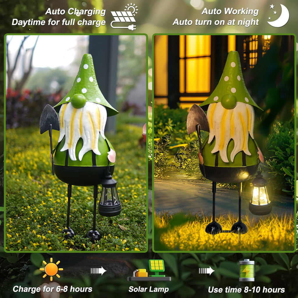 Solar Metal Garden Gnome Statue Set of 2 Outdoor Yard Decor