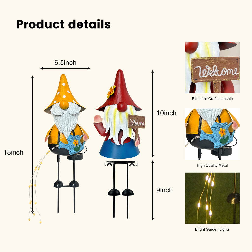 Solar Metal Garden Gnome Statue Set of 2 Outdoor Yard Decor