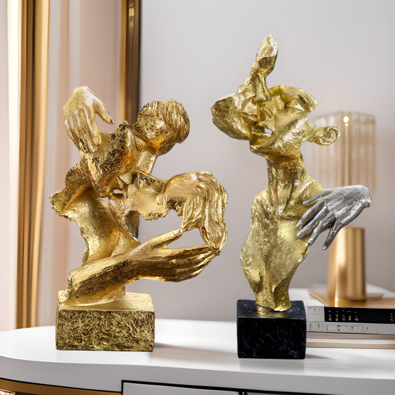 Gold Abstract Face Sculpture with Birds Modern Resin Decor