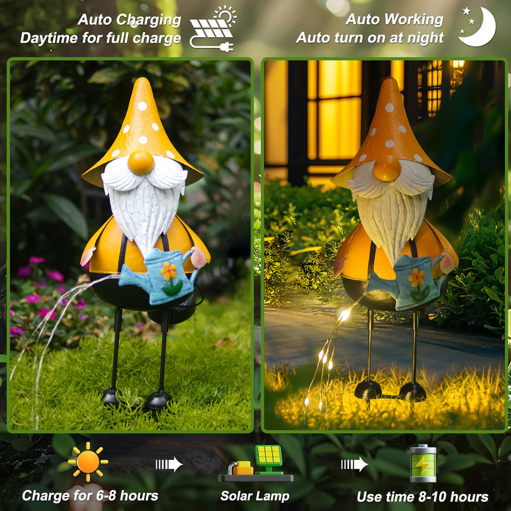 Solar Metal Garden Gnome Statue Set of 2 Outdoor Yard Decor