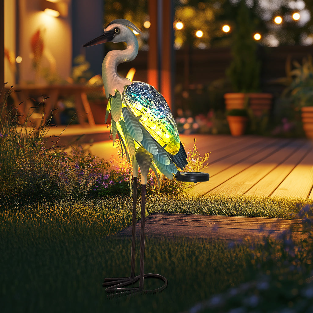 Blue Green Solar Metal Glass Heron Garden Statue 24in