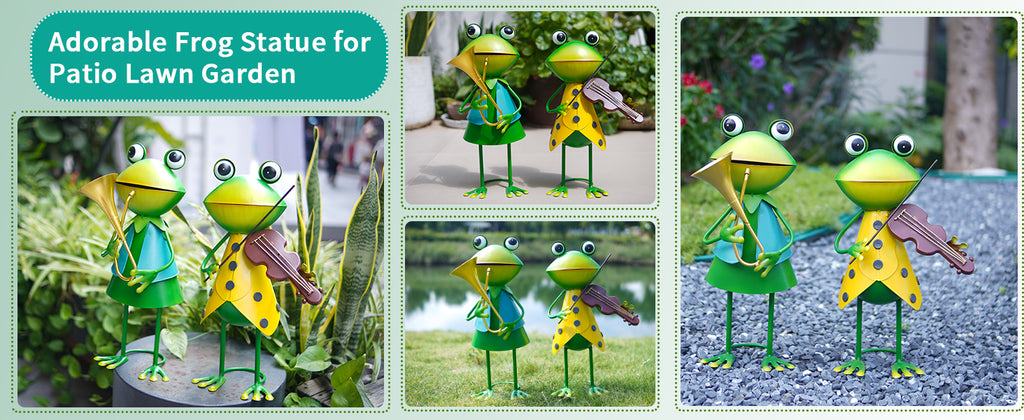 Metal Frog Musician Statue Set of 2 Garden Yard Decor 15 Inch
