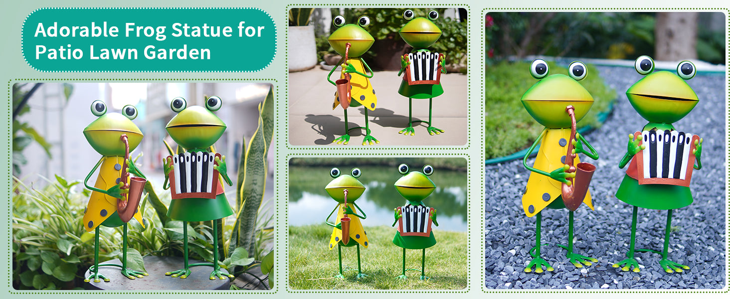 Metal Frog Musician Statue Set of 2 Outdoor Garden Decor