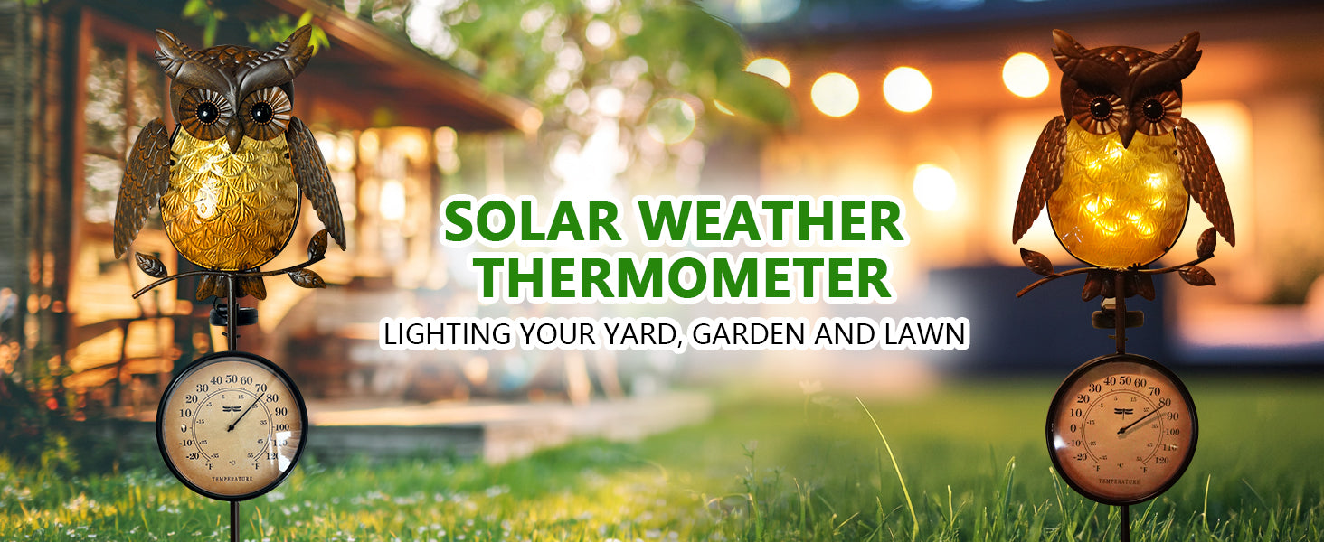 Solar Owl Thermometer Garden Stake Outdoor Yard Decor
