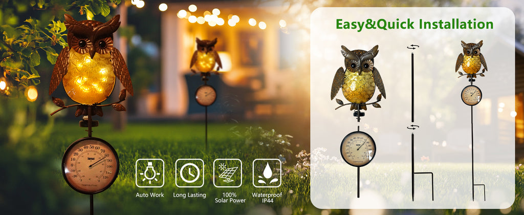 Solar Owl Thermometer Garden Stake Outdoor Yard Decor