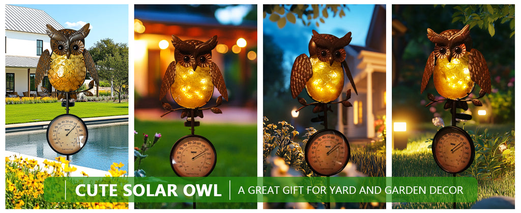 Solar Owl Thermometer Garden Stake Outdoor Yard Decor