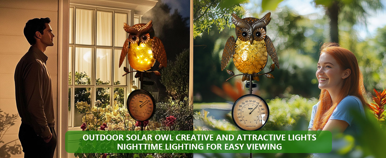Solar Owl Thermometer Garden Stake Outdoor Yard Decor