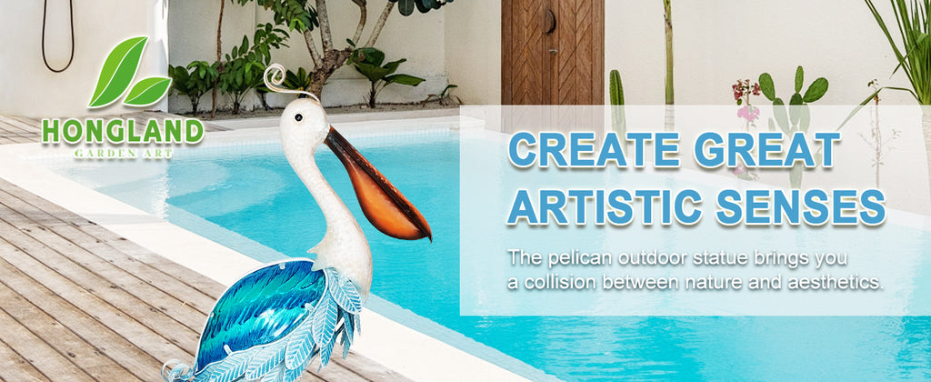 Blue Solar Metal Glass Pelican Garden Statue 19in