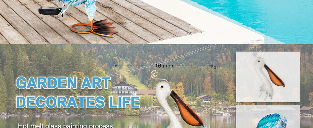 Blue Solar Metal Glass Pelican Garden Statue 19in