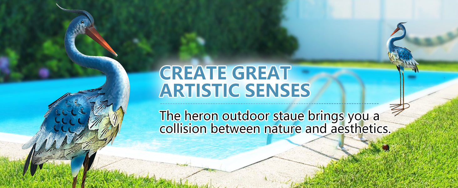 Solar Powered Heron Statue 30 Inch Garden Decor Outdoor LED