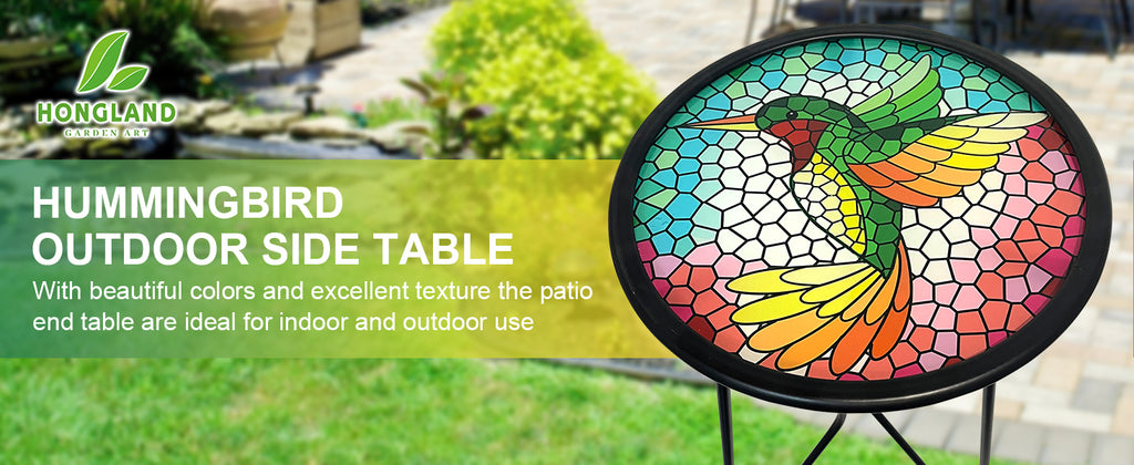 Hummingbird Metal Glass Patio Accent Side Table 12in