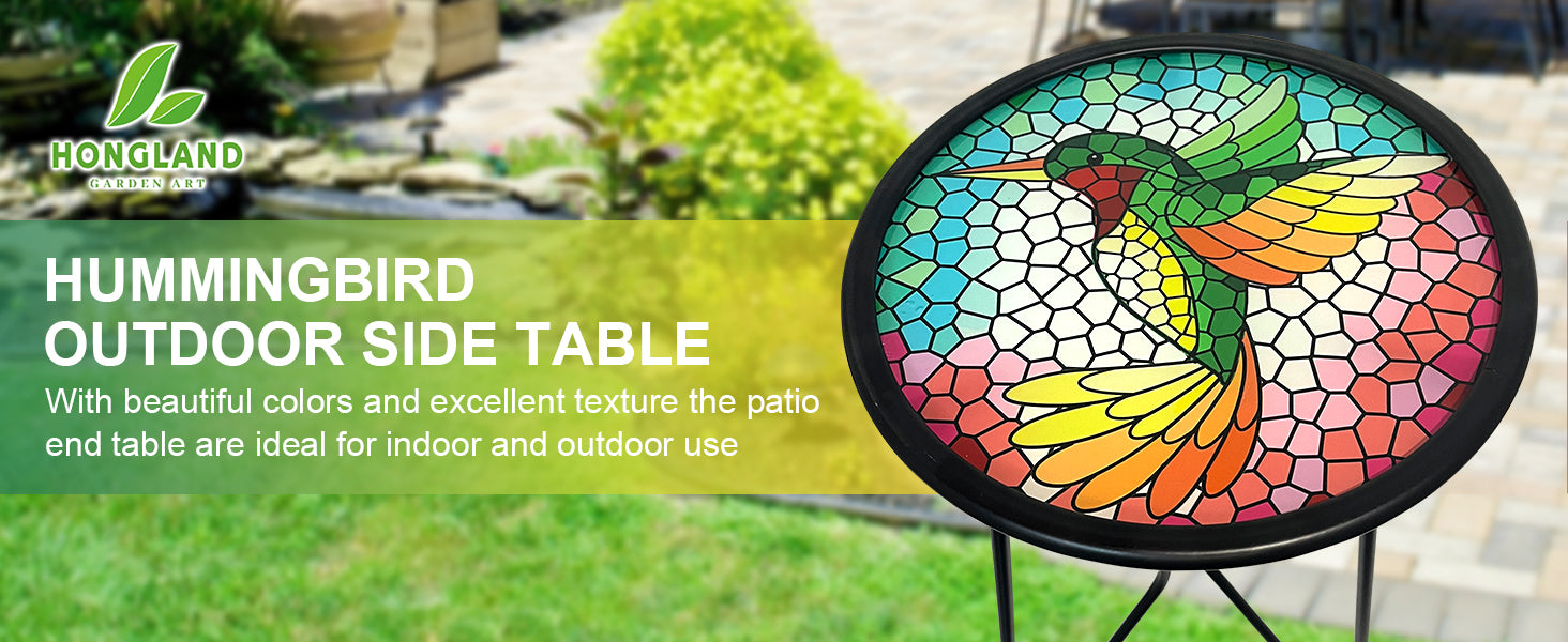 Hummingbird Metal Glass Patio Accent Side Table 12in