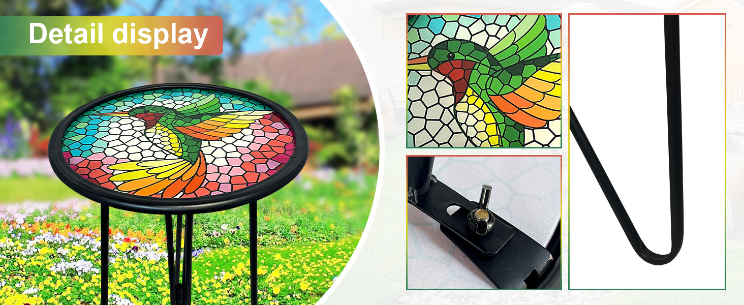 Hummingbird Metal Glass Patio Accent Side Table 12in