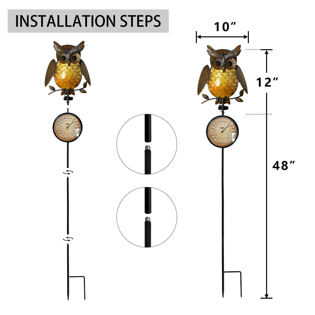 Solar Owl Thermometer Garden Stake Outdoor Yard Decor
