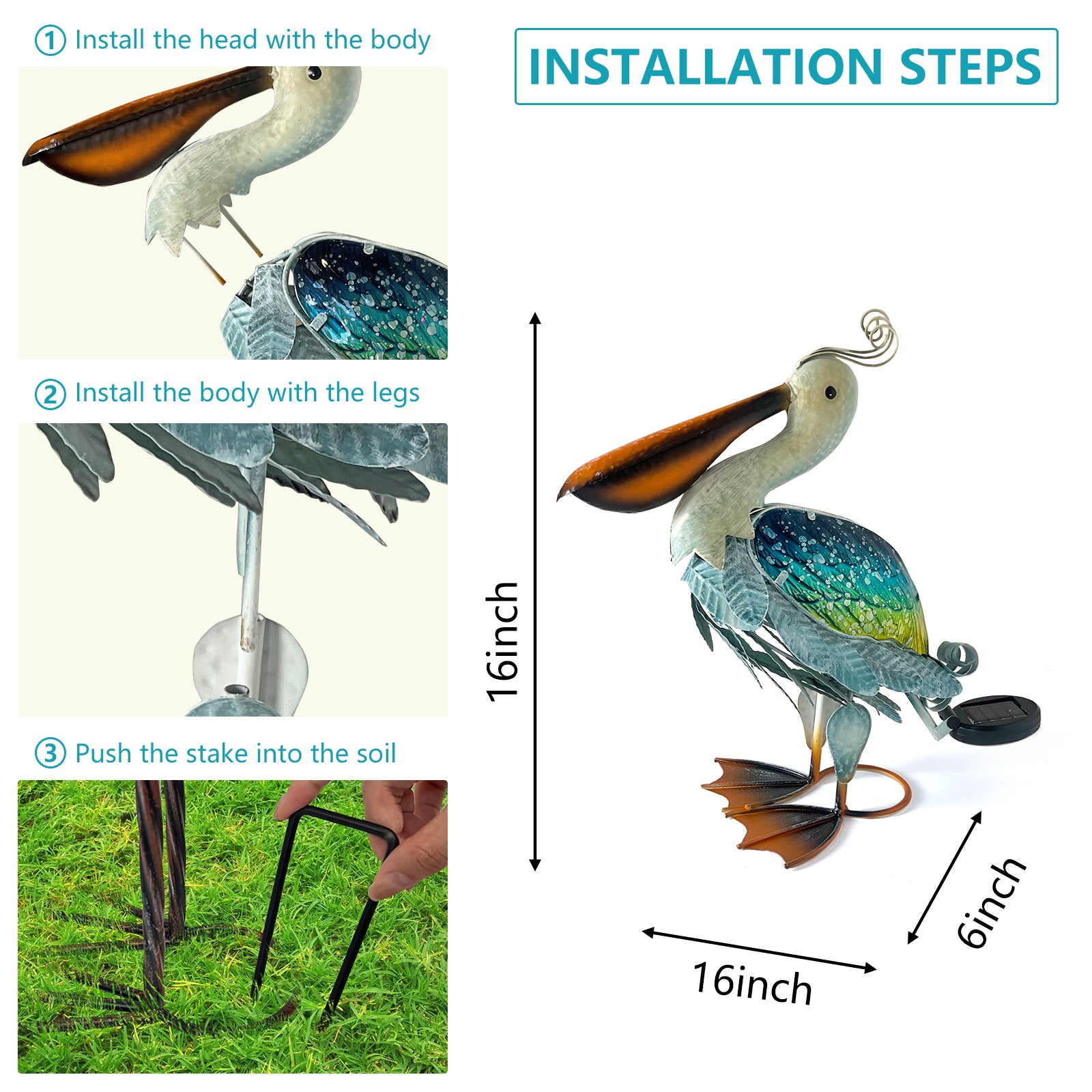 Solar Garden Pelican Statue Metal Glass Outdoor Decor