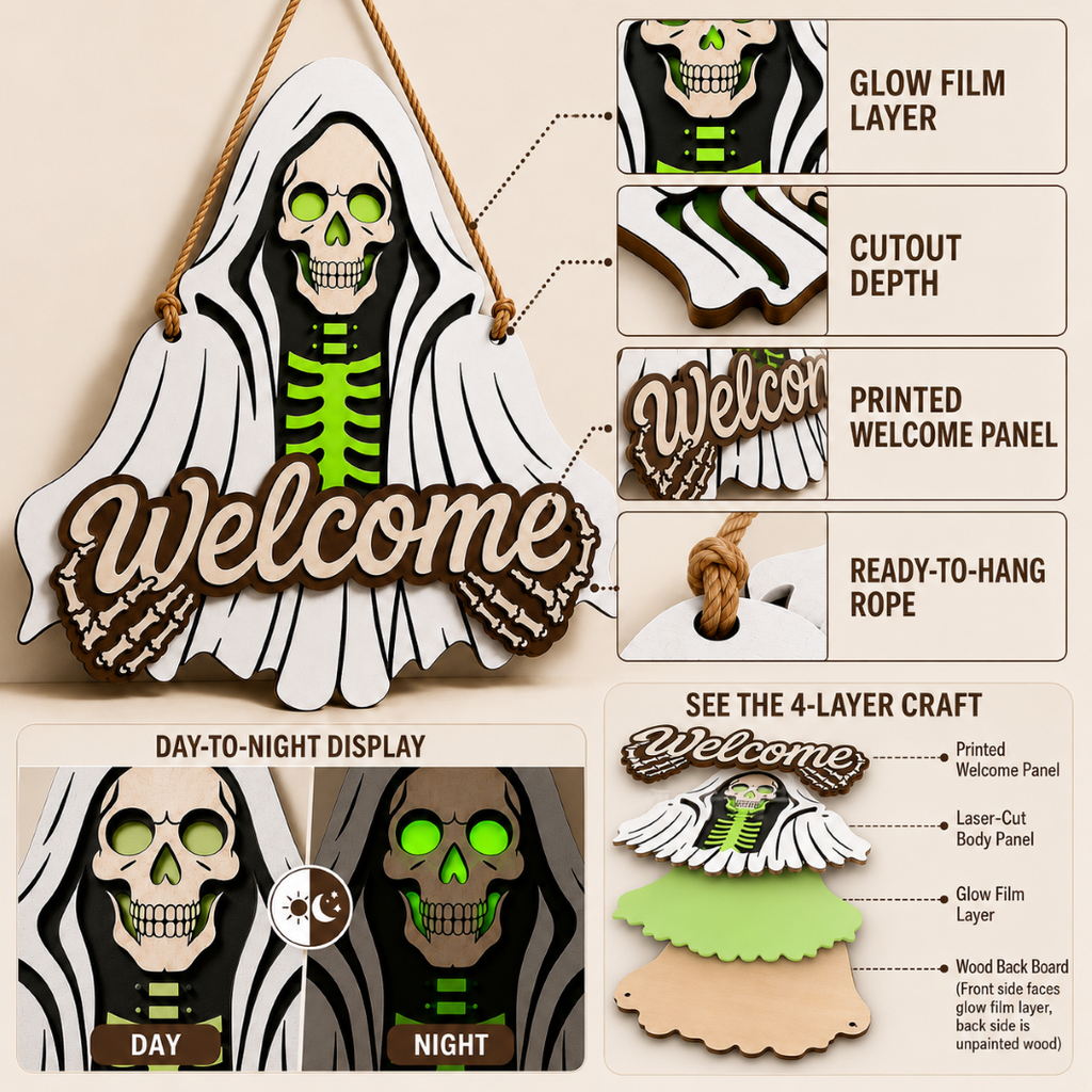 Wooden Halloween Hanging Decor Black Cat Skull Pumpkin Light Up Sign