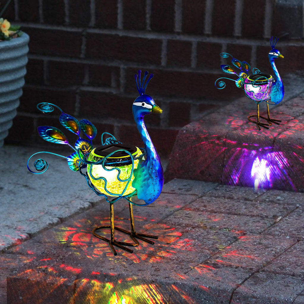Solar Powered Peacock Garden Statue with Crackle Globe 12 Inch
