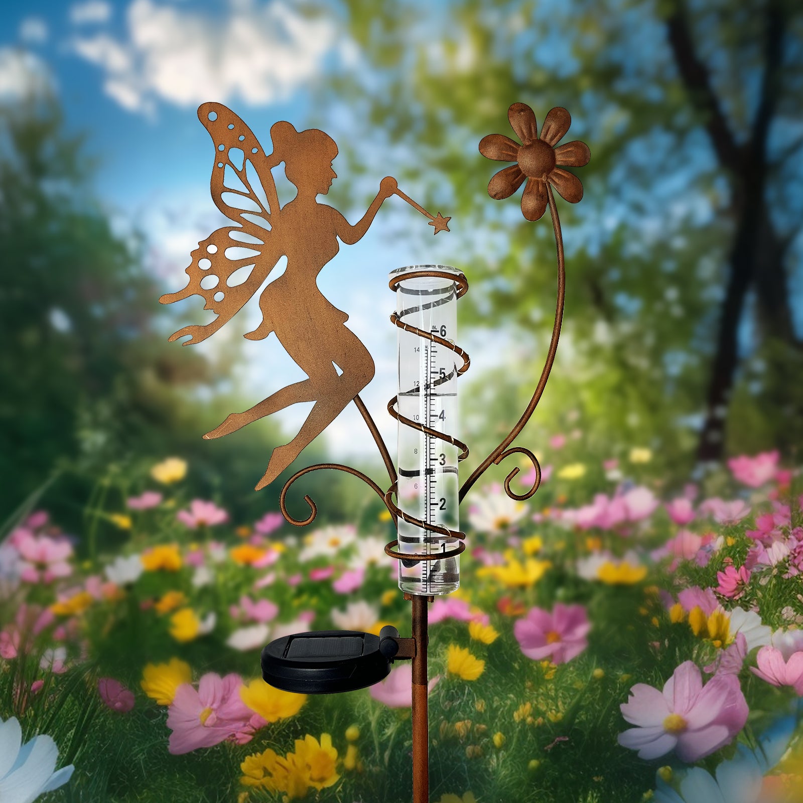 Solar Fairy Rain Gauge Garden Stake Outdoor Decor