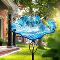 Blue Ripple Glass Bird Bath Feeder with Metal Stake