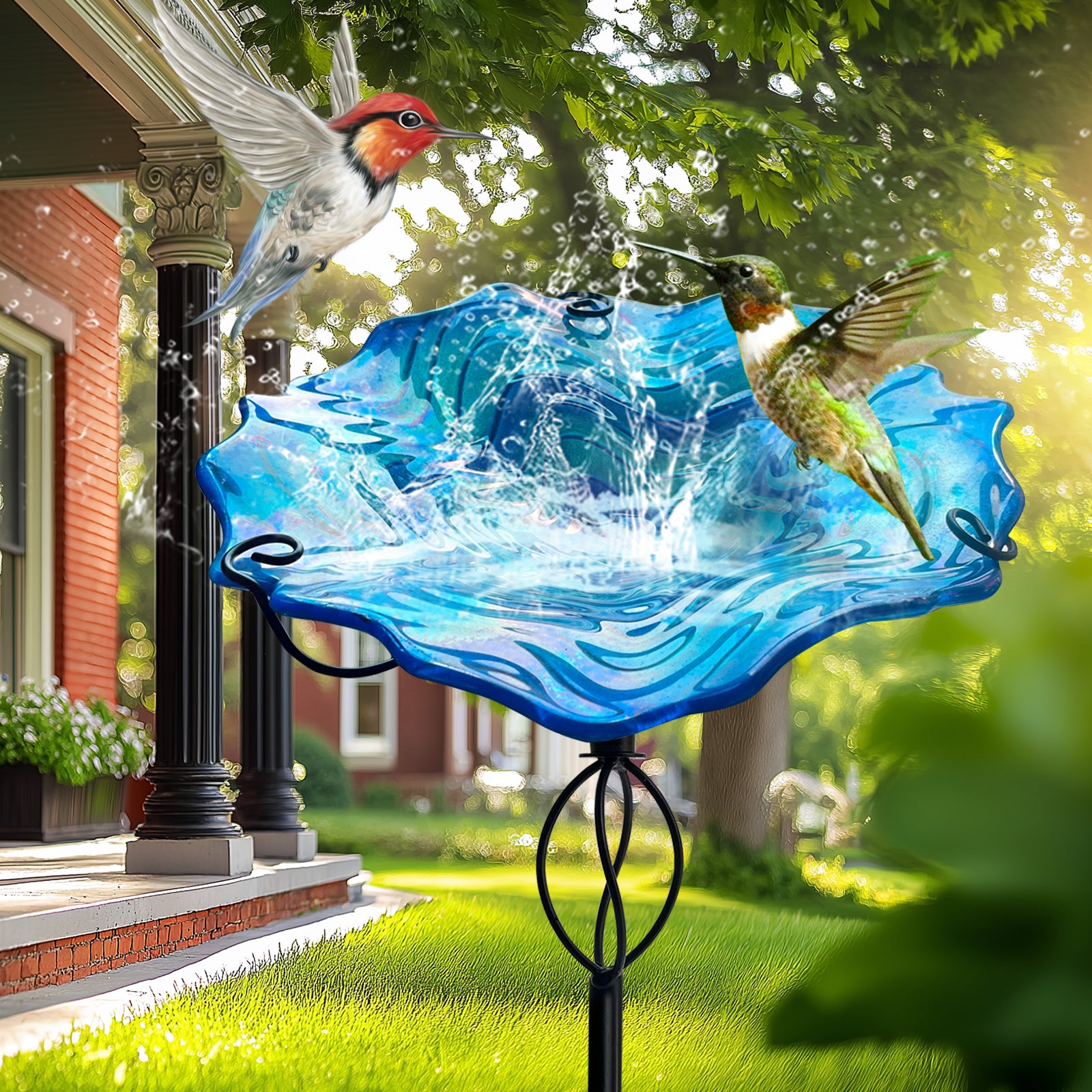 Blue Ripple Glass Bird Bath Feeder with Metal Stake