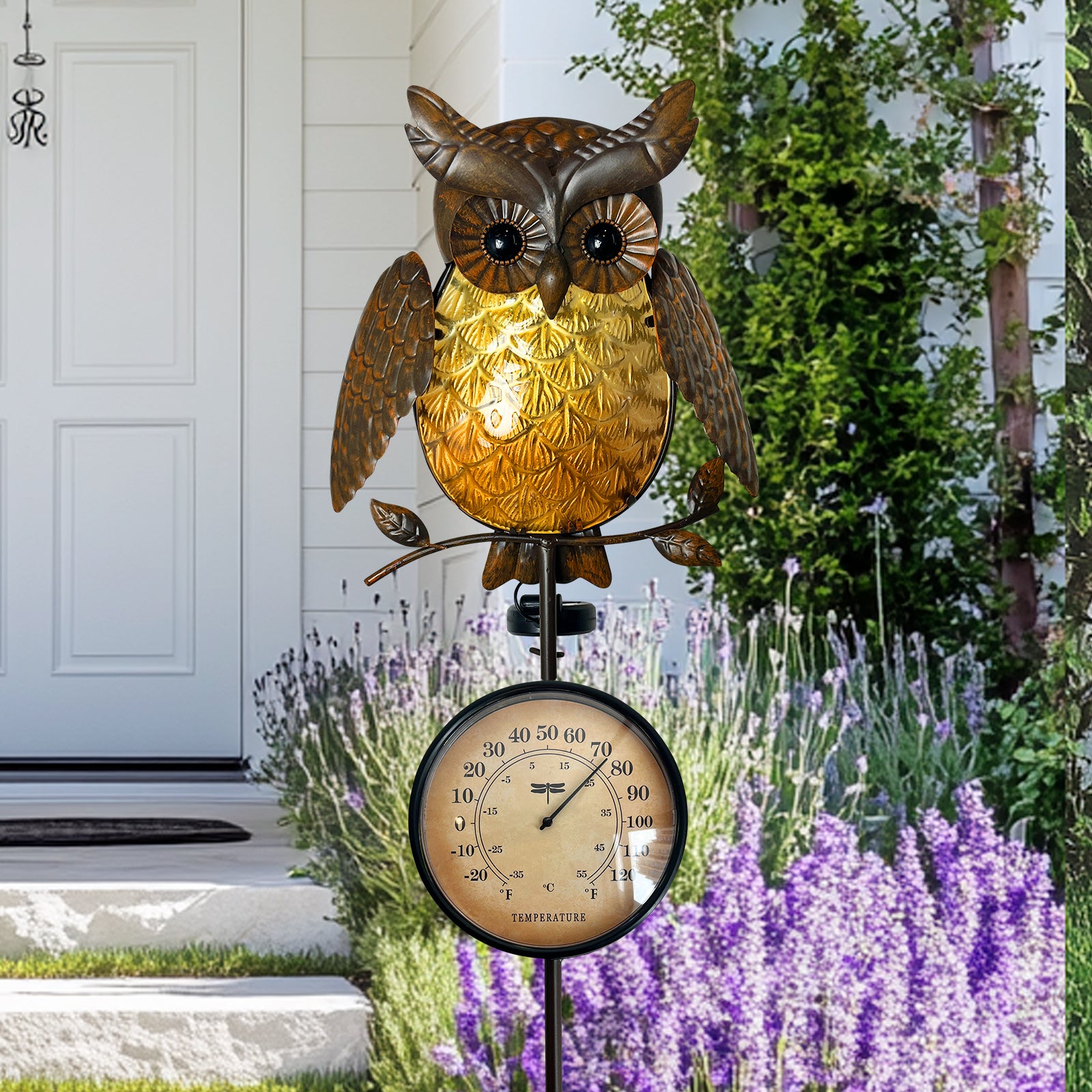 Solar Owl Thermometer Garden Stake Outdoor Yard Decor