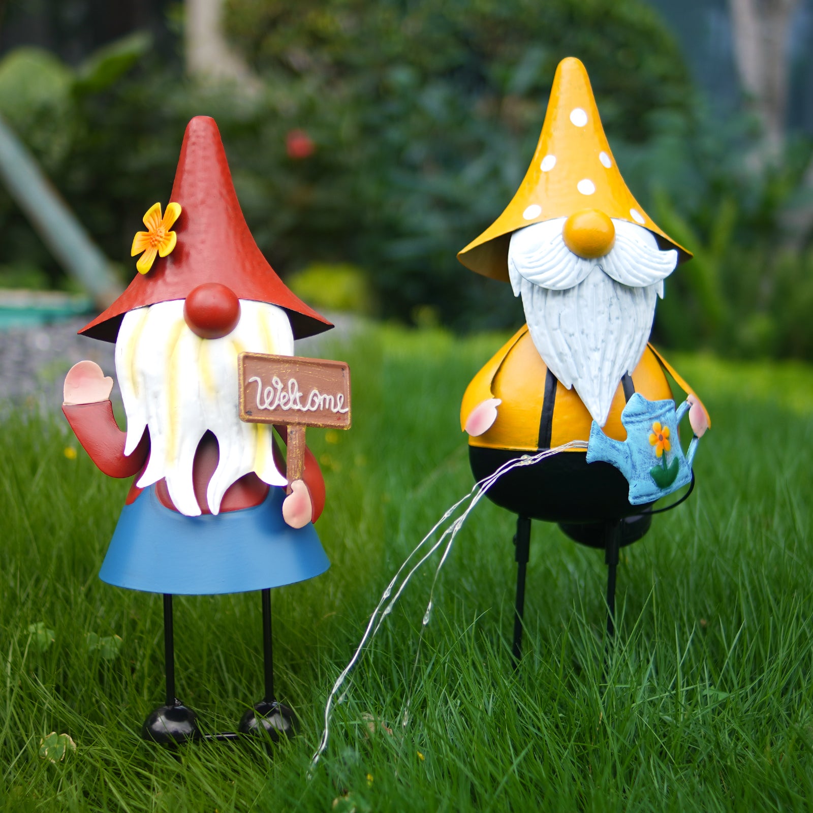 Solar Metal Garden Gnome Statue Set of 2 Outdoor Yard Decor