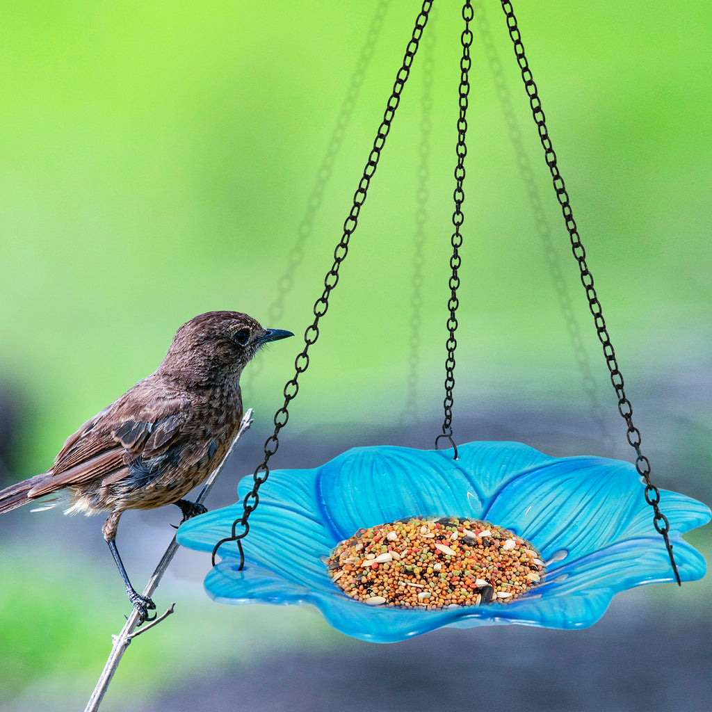 Blue Glass Hanging Bird Feeder Garden Outdoor Decor