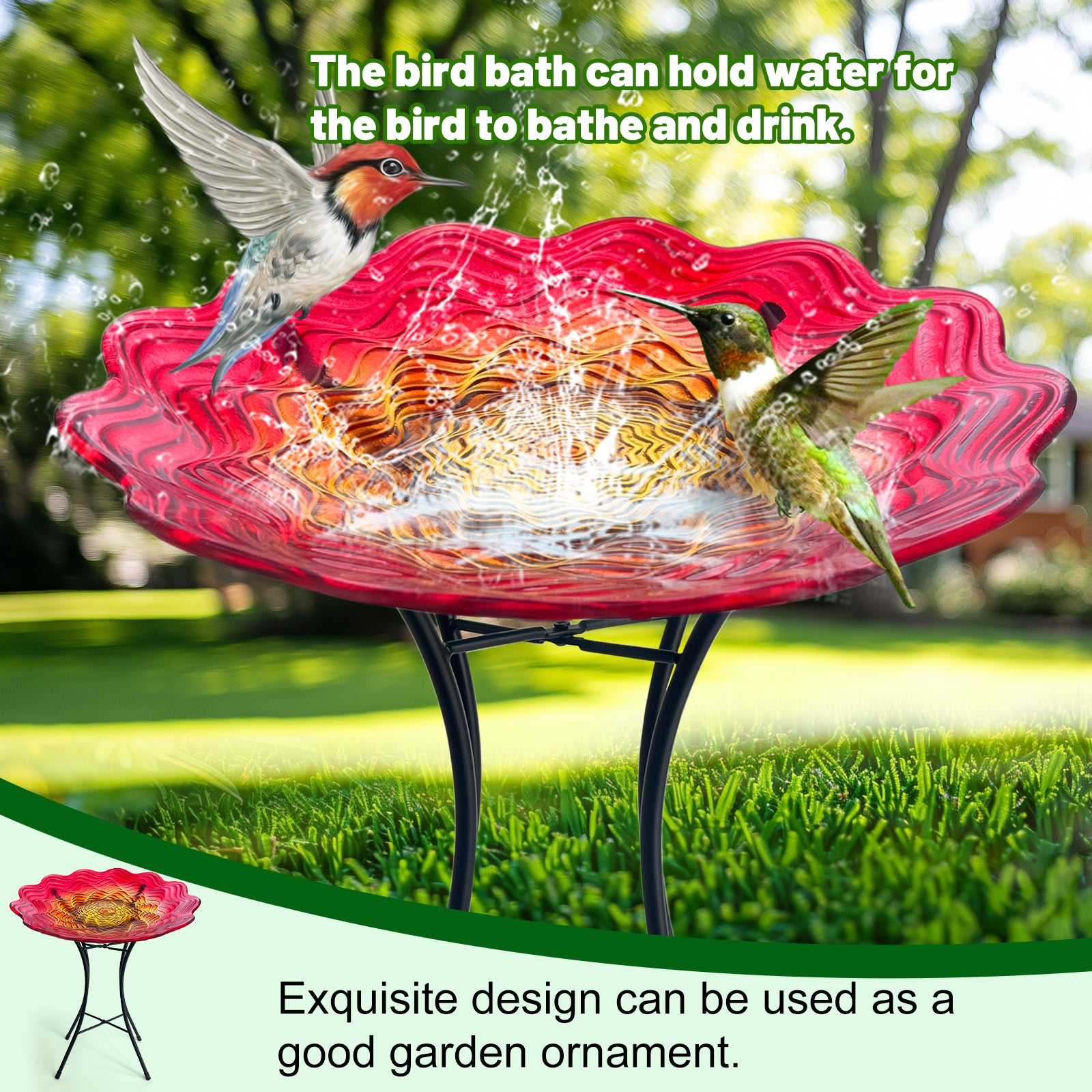 Red Yellow Glass Bird Bath with Metal Stand Garden Decor