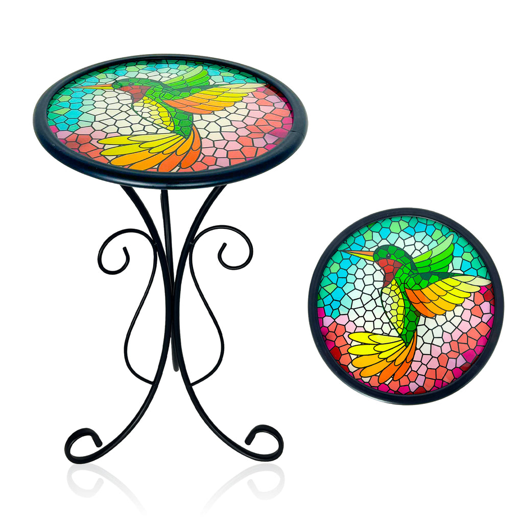 Hummingbird Stained Glass Side Table 12 Inch Outdoor Patio Accent