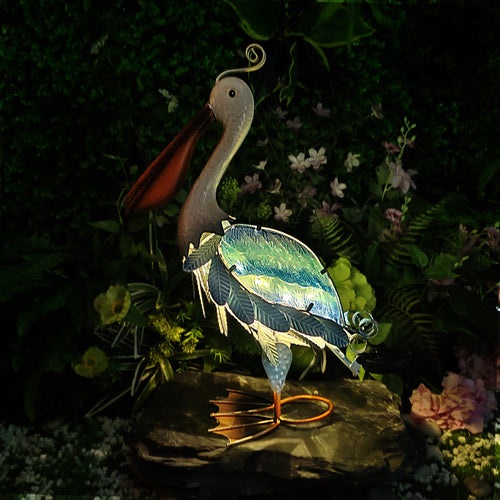Blue Solar Metal Glass Pelican Garden Statue 19in