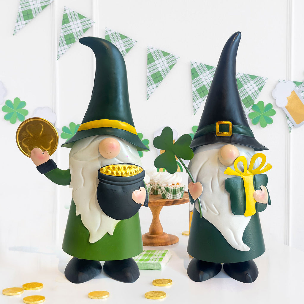St. Patrick’s Day Gnome Set with Shamrock and Pot of Gold Decor