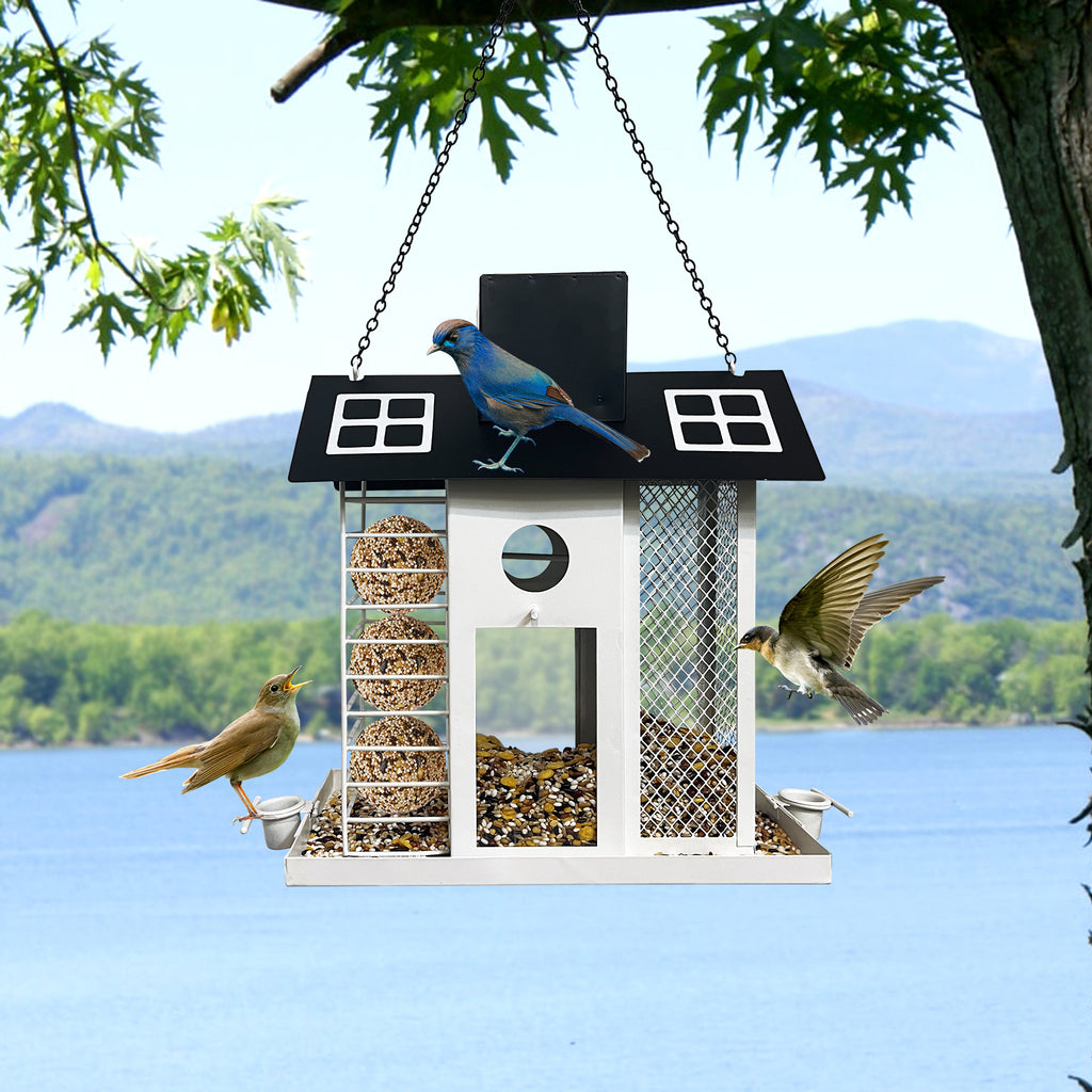 Solar Metal Bird Feeder House Black White Outdoor Decor